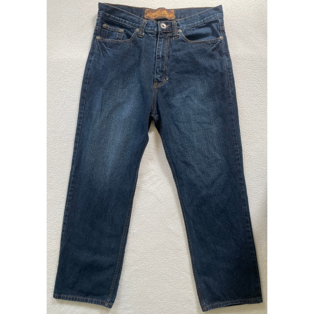 Y2k NBN Gear Mens 36x30 Jeans Dark Blue Straight Leg Contrast Stitching Distress